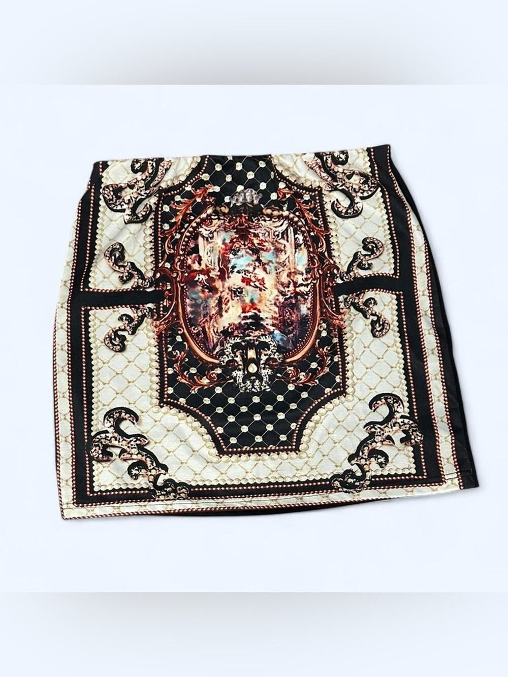 Zanzea Baroque Ornate Mini Skirt Black Gold Cream Sz XL Goth Mob Wife Stretch